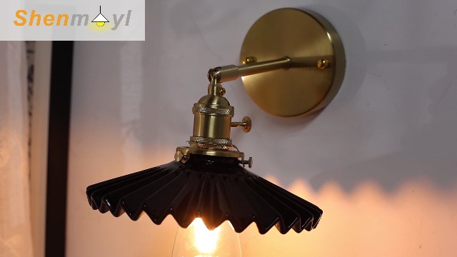 Shenmoyl Vintage Wall Sconce with Black Pleated Ceramic Lampshade